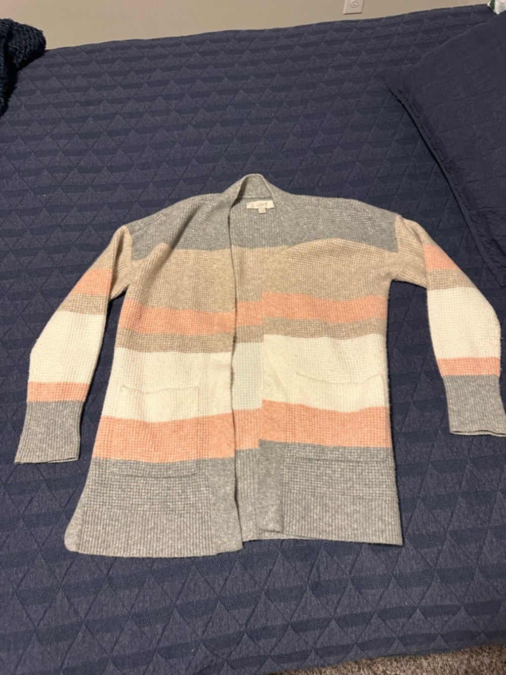 LOFT Striped Open-Front Cardigan in Gray, Cream & Peach